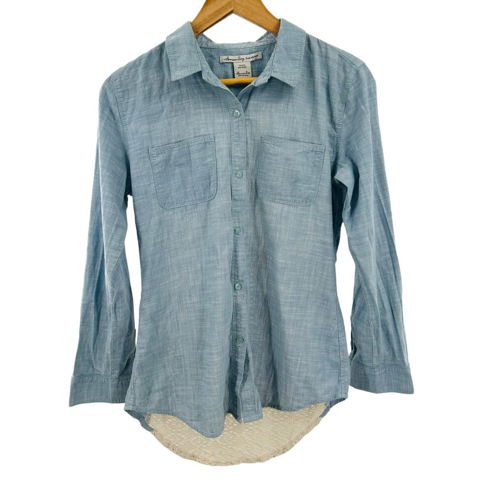 American Rag Chambray and Lace Crocheted Button-Down Top‎ Shirt - Small